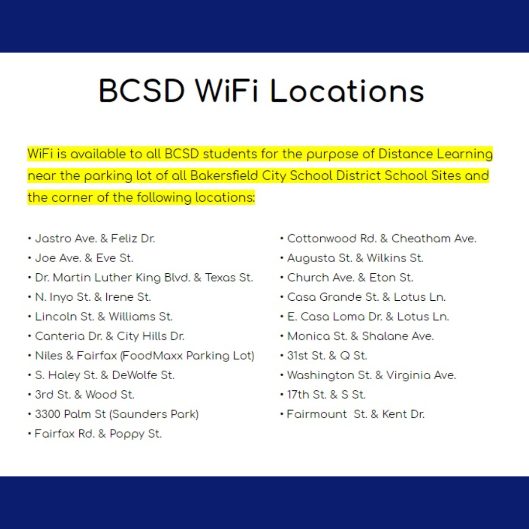 BCSD Wifi Locations: Anyone with connectivity questions can call the BCSD Chromebook Hotline at 631-4529. #TeamBCSD #BCSDLearns