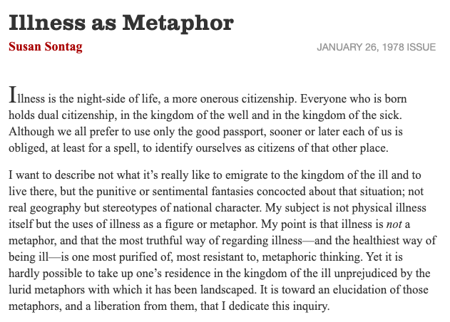 Illness is still not a metaphor. Ableism is not a public health policy. Victim-blaming is not medicine. Wishful thinking is not science. Incuriosity is a choice. https://www.nybooks.com/articles/1978/01/26/illness-as-metaphor/