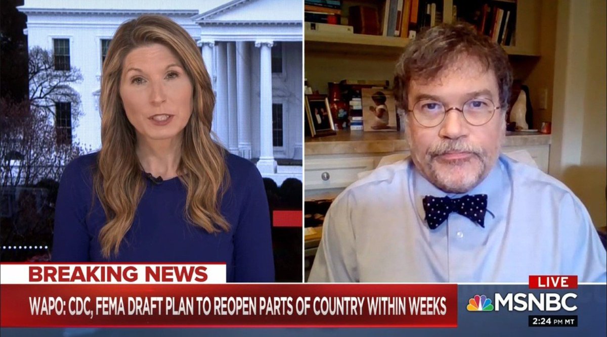 Many thanks <a href="/NicolleDWallace/">Nicolle Wallace</a> for hosting me this afternoon on <a href="/DeadlineWH/">Deadline White House</a> @MSNBC.  We discussed the complexities of relaxing social distancing in the coming weeks, why May 1 is too soon for the nation, and a new idea of launching 1 or 2 pilot programs in selected states