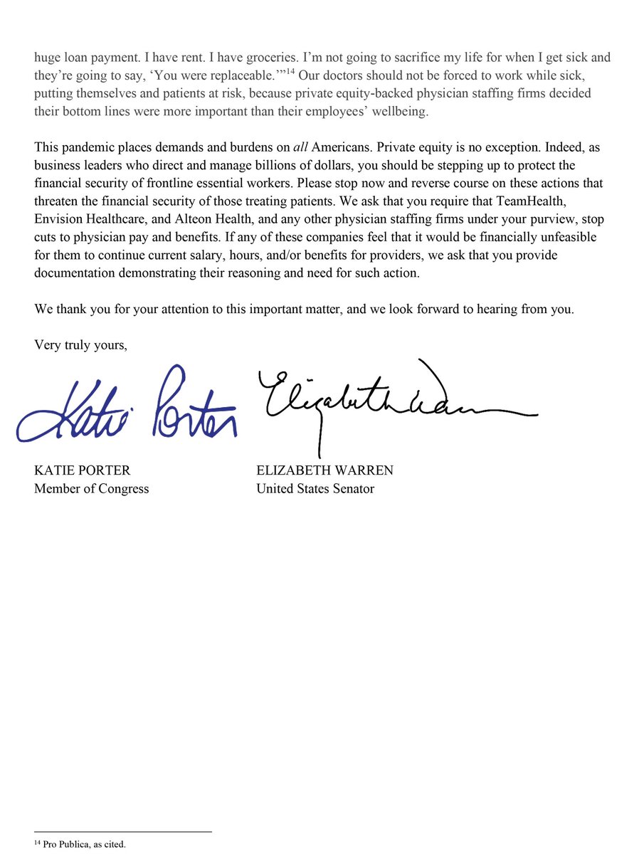 Staffing companies backed by private equity are ❌ cutting physician pay, ❌ lying about doing it, and ❌ retaliating against clinicians who speak up. @SenWarren and I are calling out those who put profit margins ahead of our frontline healthcare workers.