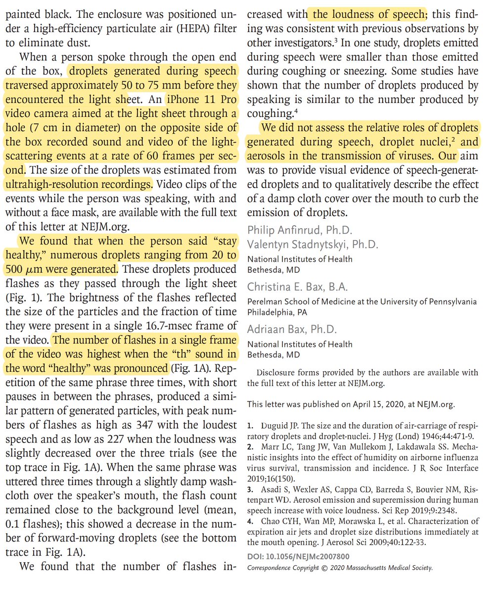 The  #COVID19 aerosol and droplets with speech, visualized. If  #Masks4All hadn't sunk in by this late juncture, seeing is believing. Loud speech is worse.  @NEJM today  https://www.nejm.org/doi/full/10.1056/NEJMc2007800?query=featured_home