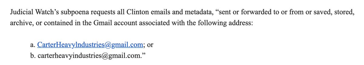 Notably, Judicial Watch is asking for emails from two accounts with slightly different spellings. There has been quite a bit of discussion about the use of the two spellings in the docs released by Congress.It will be huge if both accounts exist and both yield Clinton emails.