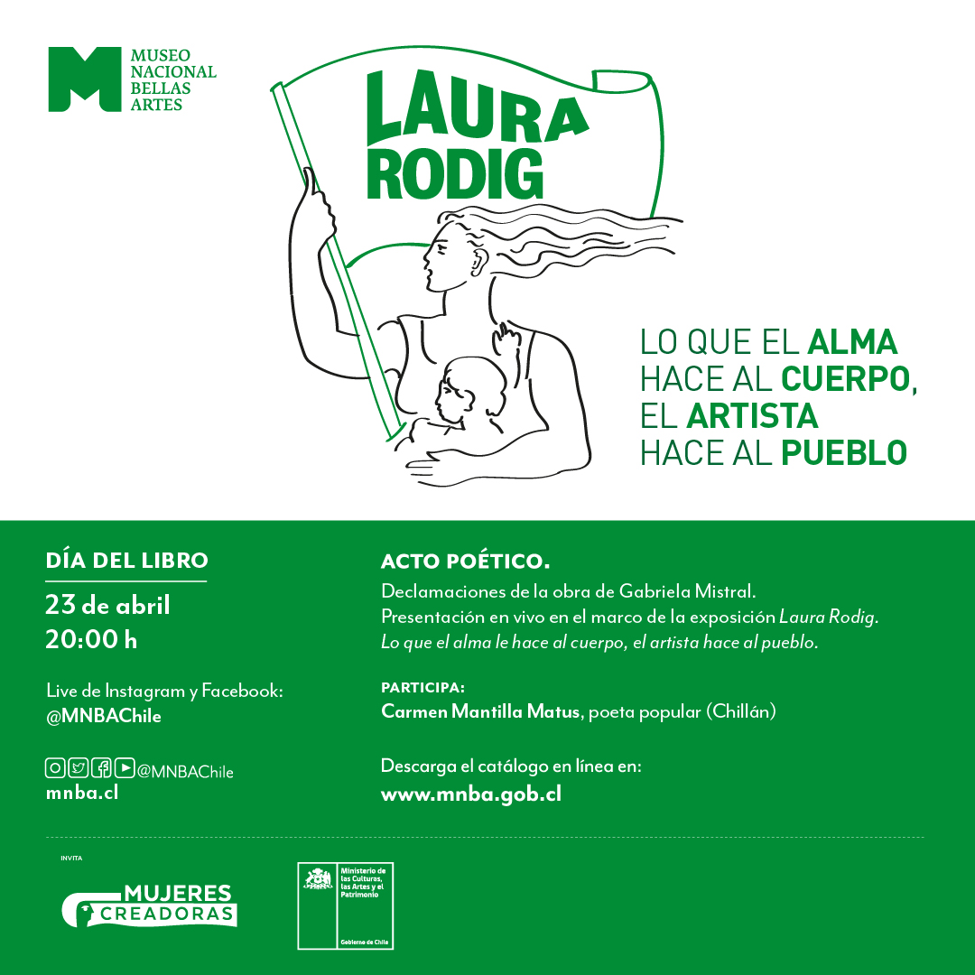 MNBAChile's tweet photo. Este jueves 23 de abril, el #MNBA les invita a conmemorar el #DíaInternacionalDelLibro📚 con una transmisión vía Instagram y Facebook Live, a cargo de la poeta Carmen Mantilla Matus. Actividad en el marco de la muestra de #LauraRodig.
Desde las 20h. #MNBAenCasa #MujeresCreadoras https://t.co/SB6U7CRDjs