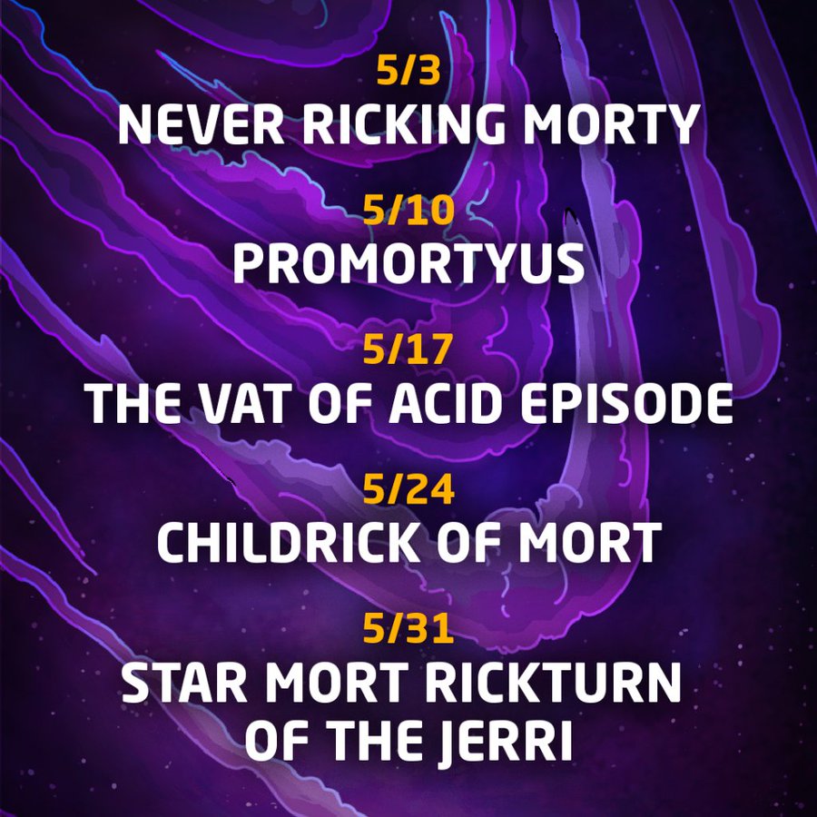 RottenTomatoes's tweet photo. #RickandMorty returns May 3! Which of these episodes are you looking forward to the most? https://t.co/1f7n2LvUgW
