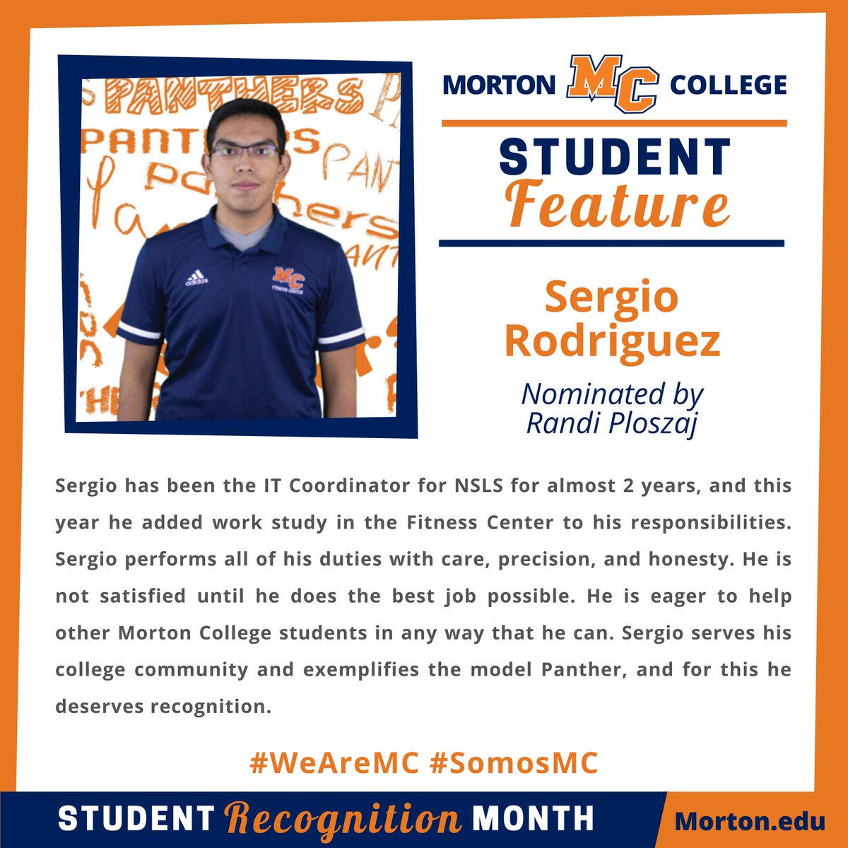 mortoncollege's tweet photo. Yay! Student Recognition Month is here! 🙌🏼🎊🎉  Help us celebrate these amazing student leaders with a virtual clap 👏, like, 👍🏼 share 📤, and comment 📝!

First up.......DRUM ROLL PLEASE🥁.....SergioRodriguez 👏

#WeAreMC #SomosMC #StudentRecognitionMonth🧡💙 https://t.co/w8Ilqgf7JG