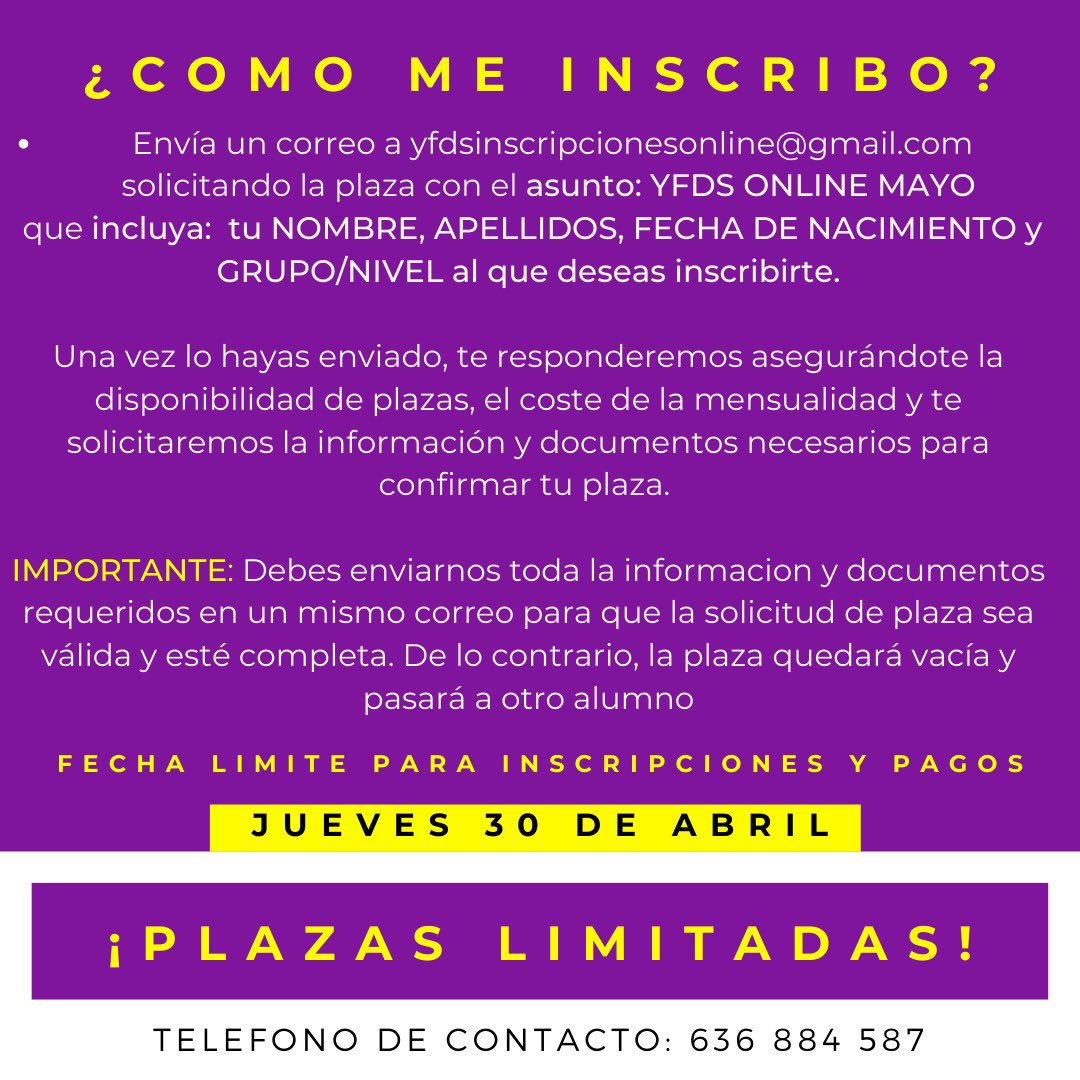 YFDSFAM's tweet photo. ⚠️⚠️⚠️⚠️⚠️⚠️⚠️⚠️⚠️⚠️⚠️⚠️⚠️ ¡SEGUIMOS CON NUESTRA FORMACION ONLINE ESTE MES DE MAYO! #YOMEQUEDOENCASA ¡¡¡¡SEAS O NO SEAS ALUMNO DE YFDS, INFORMATE DE PRECIOS, GRUPOS Y HORARIOS Y SIGUE TU FORMACION CON NOSOTROS!!!! #YFDSSEQUEDAENCASA 📲+INFO:636884587 https://t.co/byef2mUYc0