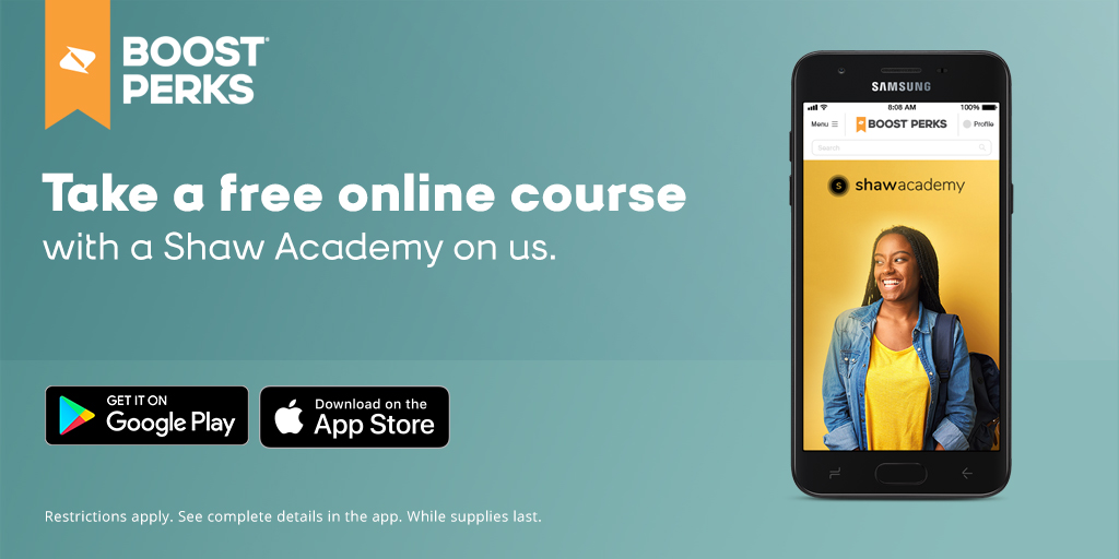boostmobile's tweet image. Stuck at home? Take this time to learn something new with a free online course on @shawacademy! 

Just download the #BoostPerks app and register to get started. boost.co/2VcCjs6