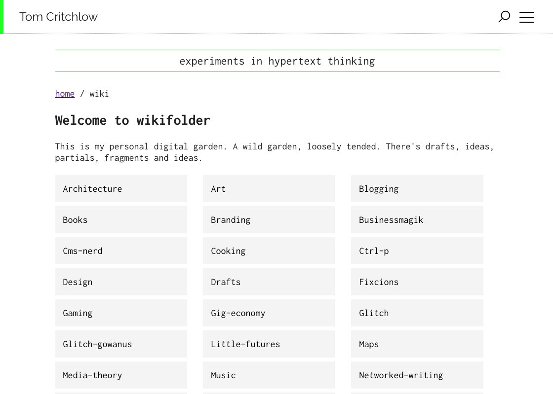 Nerding hard on digital gardens, personal wikis, and experimental knowledge systems with  @_jonesian today.We have an epic collection going, check these out...1.  @tomcritchlow's Wikifolders:  https://tomcritchlow.com/wiki/ 