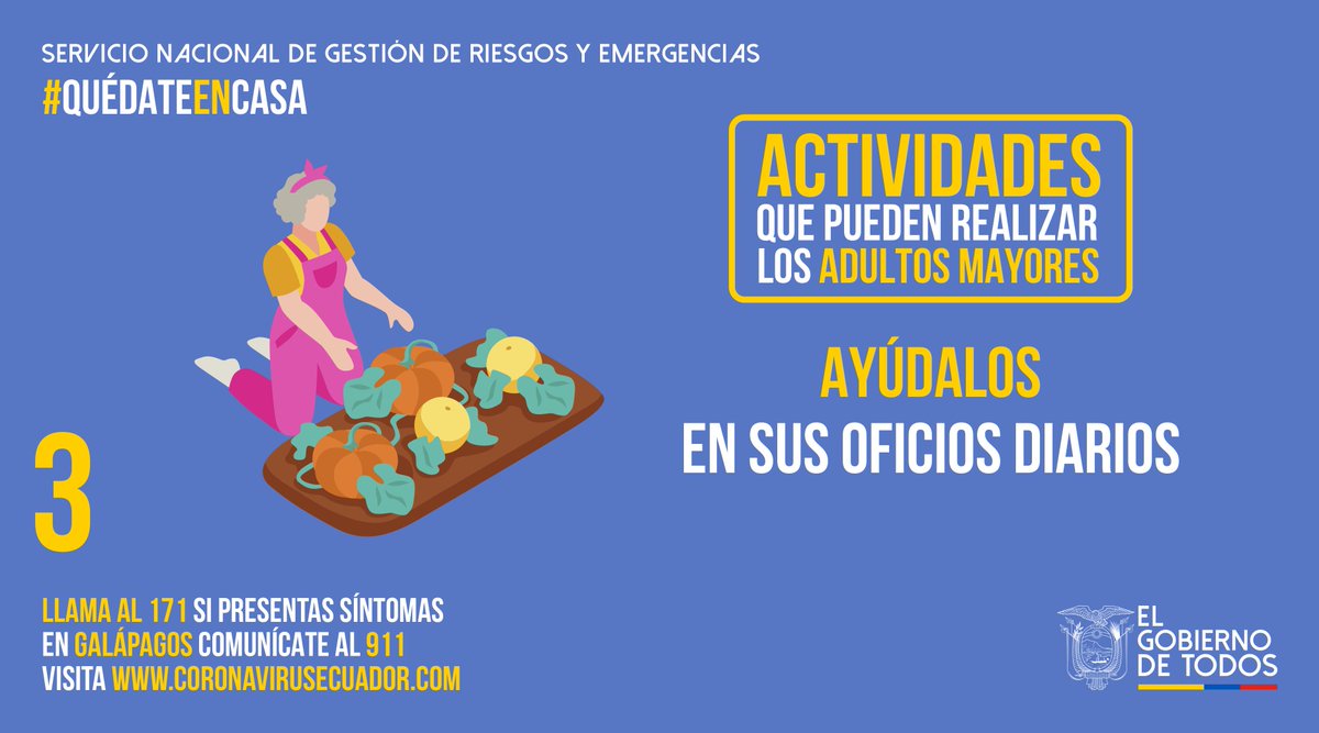 Ofrece tu ayuda para hacer los encargos por ellos, como ir a la farmacia o pasear a su perro, a fin de que no salgan de casa.

#NosCuidamosTodos
#QuédateEnCasa 

<a href="/alexocles/">Ma. Alexandra Ocles</a> <a href="/Riesgos_Ec/">Riesgos Ecuador</a> @InclusionEc <a href="/MinGobiernoEc/">Ministerio de Gobierno Ecuador</a>  @azambrano82