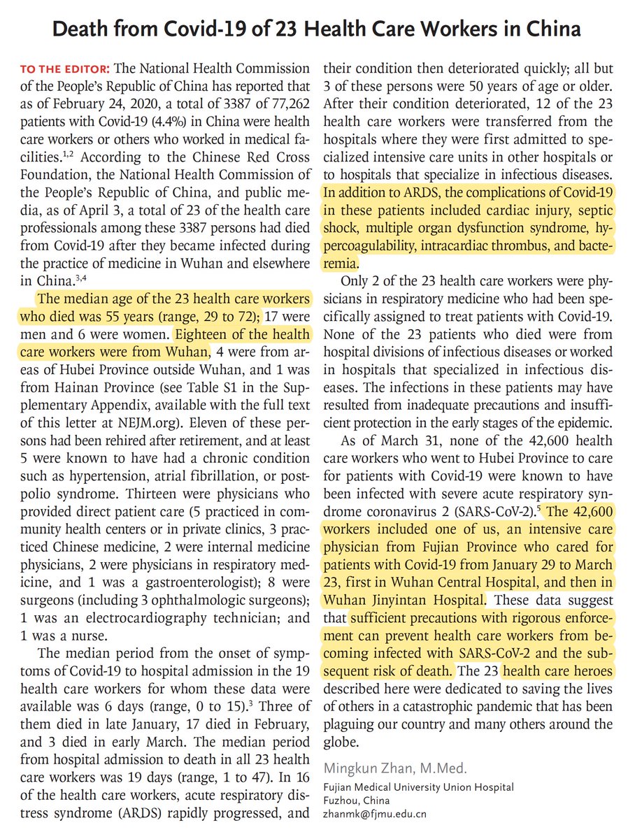 Today  @NEJM published a summary of  #COVID19 infected  #healthcare workers in China, comprising 4.4% of 77,262 cases. There were 29 deaths, details here: https://www.nejm.org/doi/full/10.1056/NEJMc2005696?query=featured_home