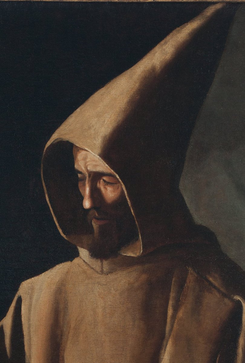 St. Francis in meditation was a popular subject in 17th c. Spain, painted by Zurbarán over 40 times. The saint's spiritual experience is expressed in differently ways: His upward gaze denotes his conversation with God, while his downward gaze reveals his spiritual interiority.
