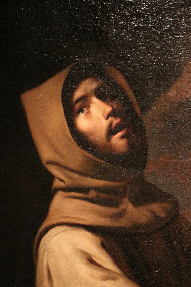 St. Francis in meditation was a popular subject in 17th c. Spain, painted by Zurbarán over 40 times. The saint's spiritual experience is expressed in differently ways: His upward gaze denotes his conversation with God, while his downward gaze reveals his spiritual interiority.