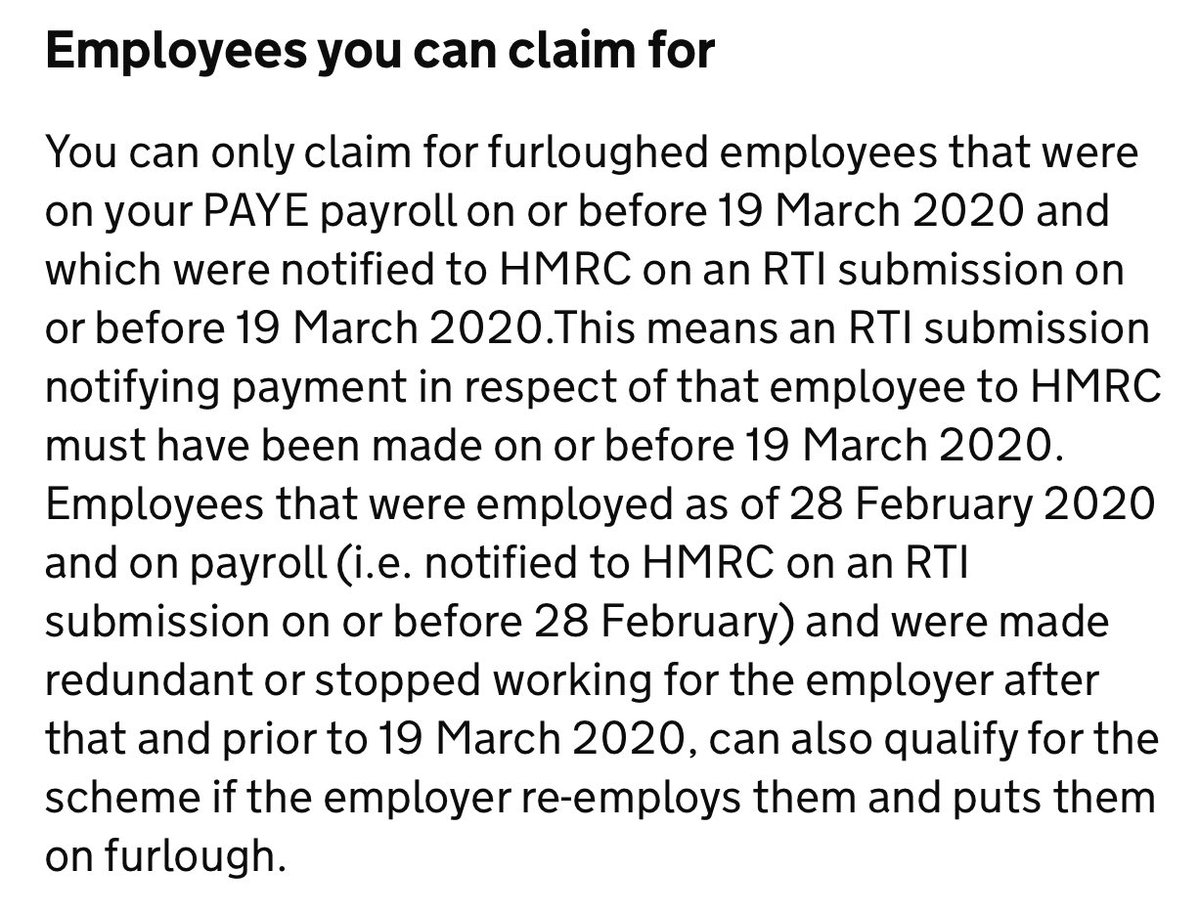 Having looked at the guidance this does indeed fall far short of expectations. Those who are paid monthly & employed after 28 Feb wont have had an RTI submission & are likely to miss out. Needs urgent clarification by  @RishiSunak & commitment that no-one will lose out due to RTI