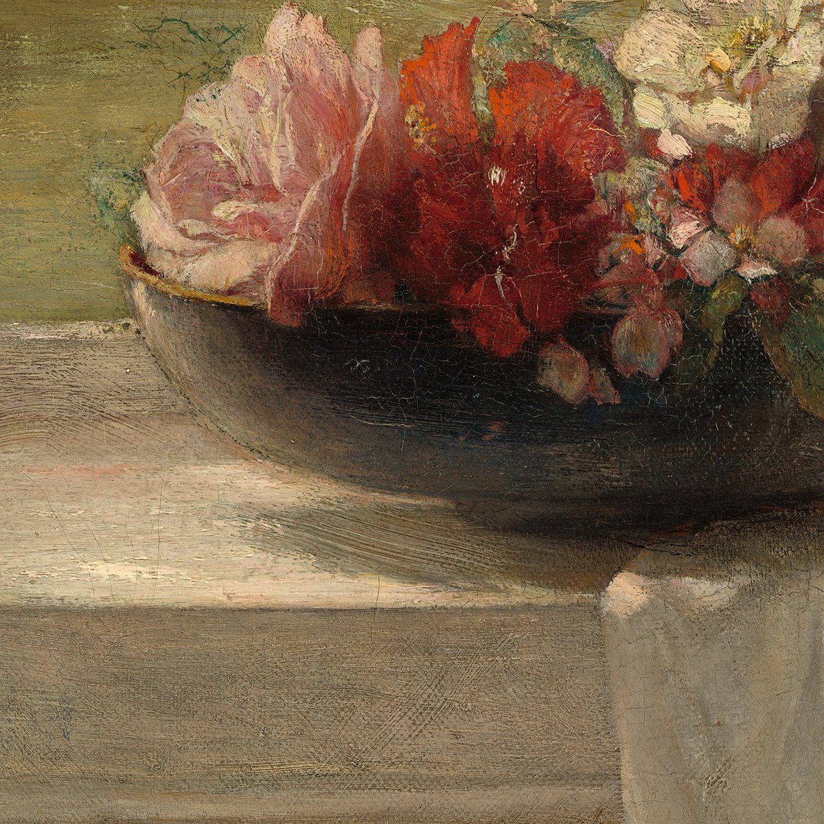 La Farge used soft, loose brushwork to create delicate passages of color—like the spot of light with a hint of pink under the bowl, or the peach and green-grey sunlight on the curtain.