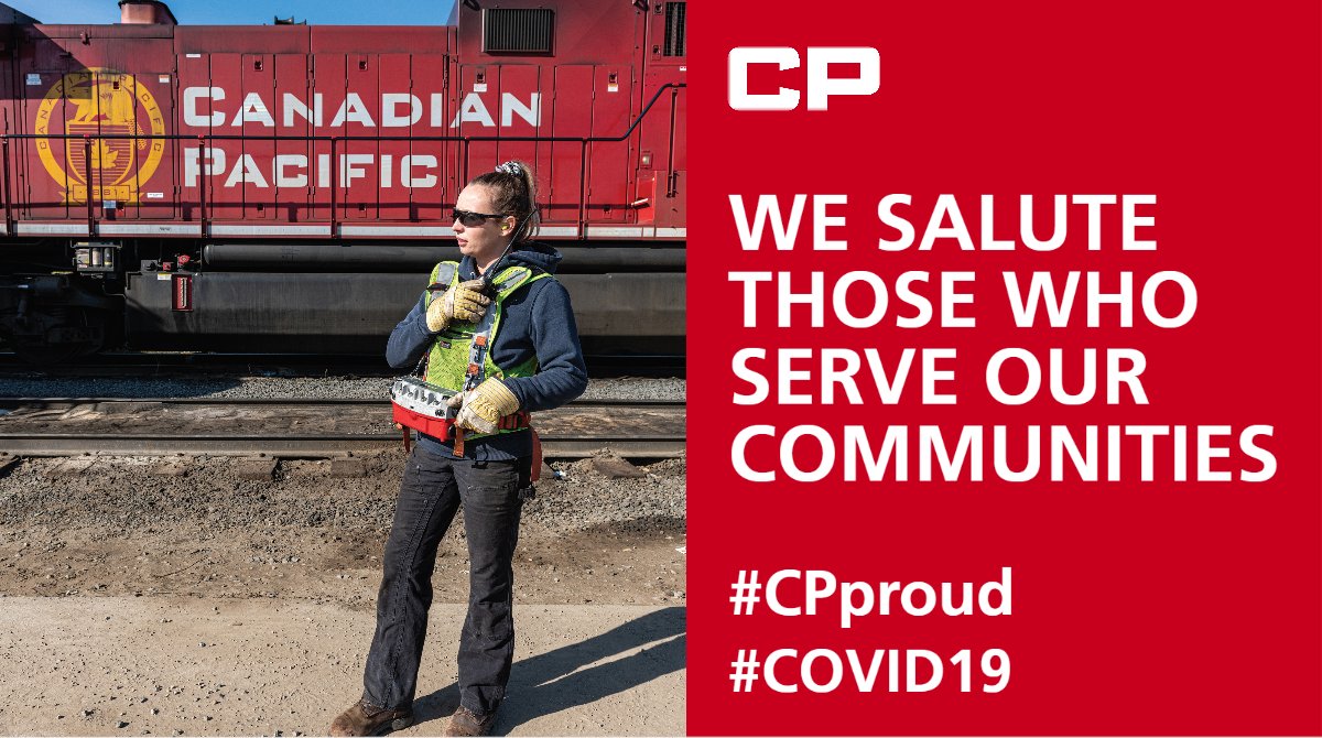 CPKCrail's tweet photo. CP locomotives sound one long whistle at 7:00 p.m. daily to recognize the extraordinary front-line care and essential service providers during #COVID19. We salute our family of railroaders who power this #railroad safely and efficiently. #CPproud #Railways #Frontline https://t.co/DX6iUoEqJC
