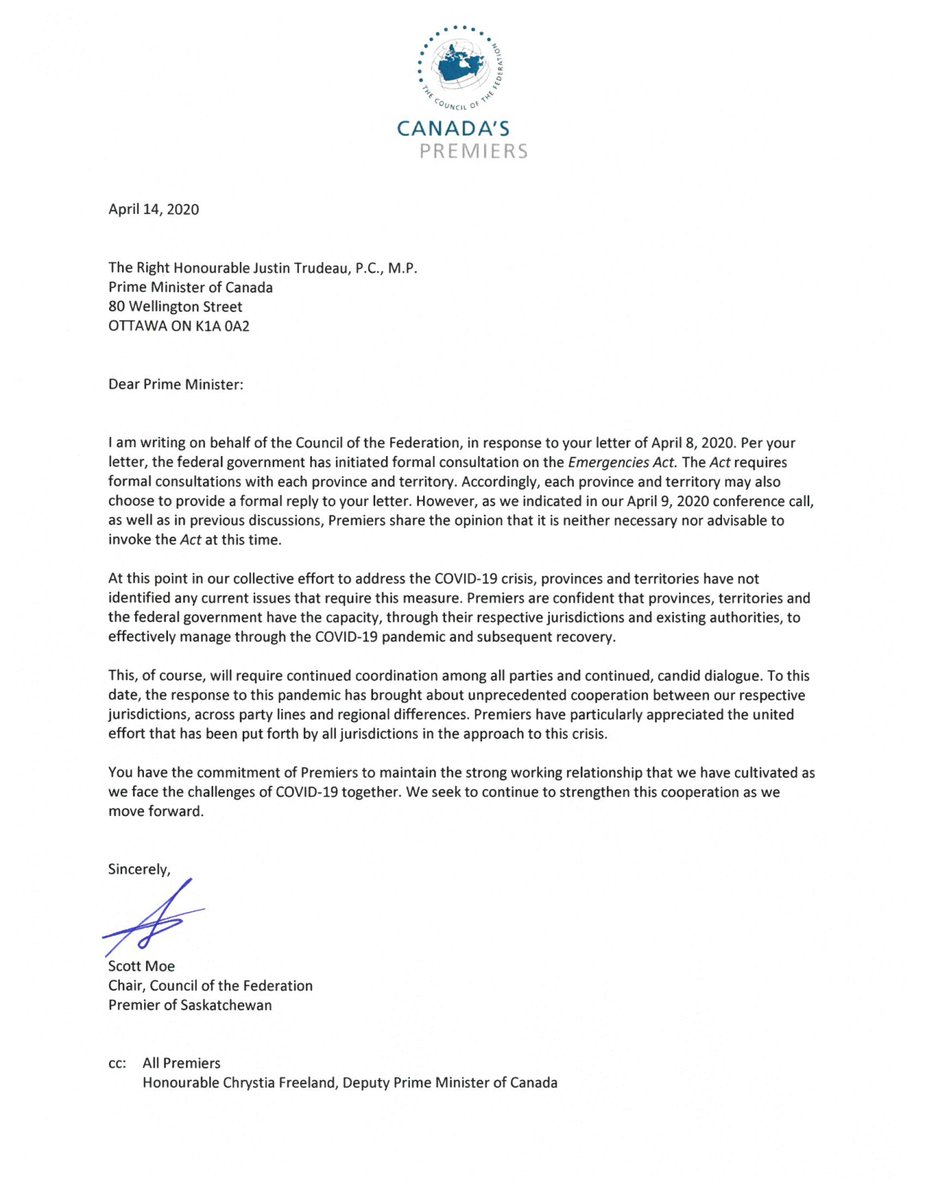 PremierScottMoe's tweet image. As Chair of the Council of the Federation, I have sent a letter to Prime Minister Trudeau to formally communicate that Canada’s Premiers share the opinion that it is neither necessary nor advisable to invoke the Federal Emergencies Act at this time. (1/2)