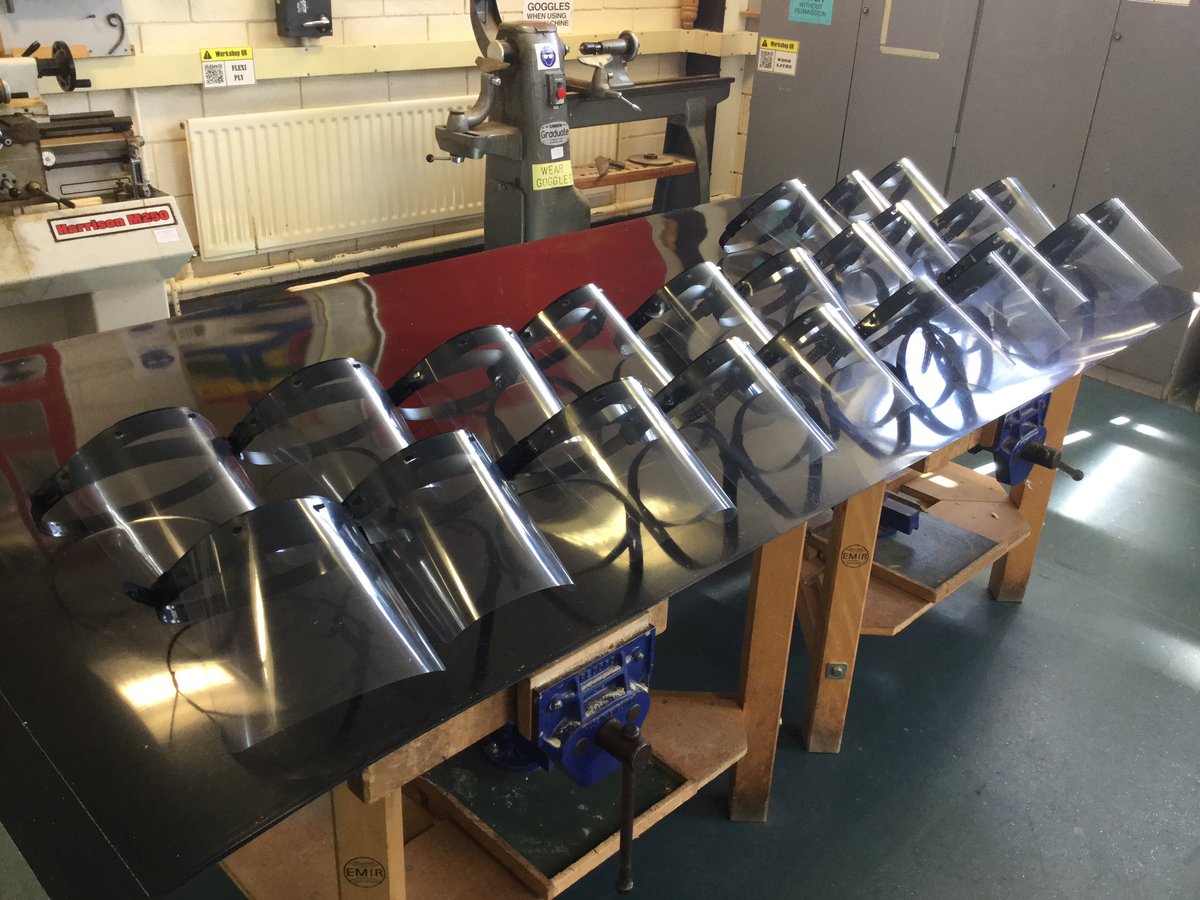 HaslingdenHigh's tweet photo. Brilliant job today by our DT team. Using the materials donated yesterday by Rossendale Plastics and Mabron Plastics, they have already made 80 protective face shields, and they will be back tomorrow to make more! 👍🏼 https://t.co/HNXr5goPCD