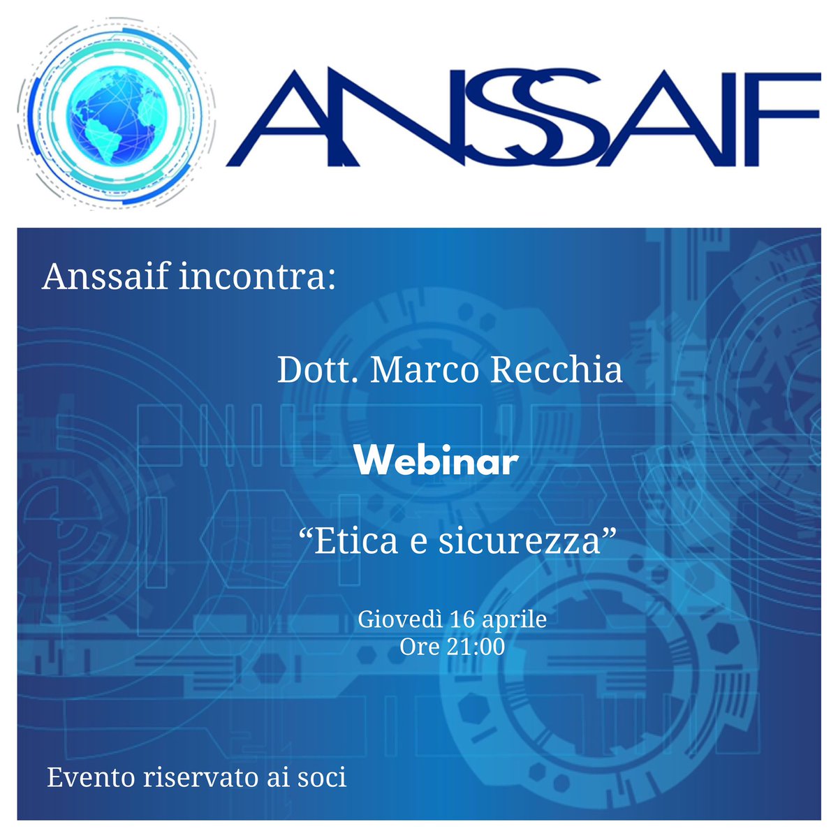 anssaif_ass's tweet photo. Prosegue  #Anssaifincontra Prossimo incontro: #ETICA E #SICUREZZA 
Giovedì 16/04/2020 
Prima conversazione con Marco Recchia
#formazione #etica #security #anssaif #incontri https://t.co/cr22nJXIdL