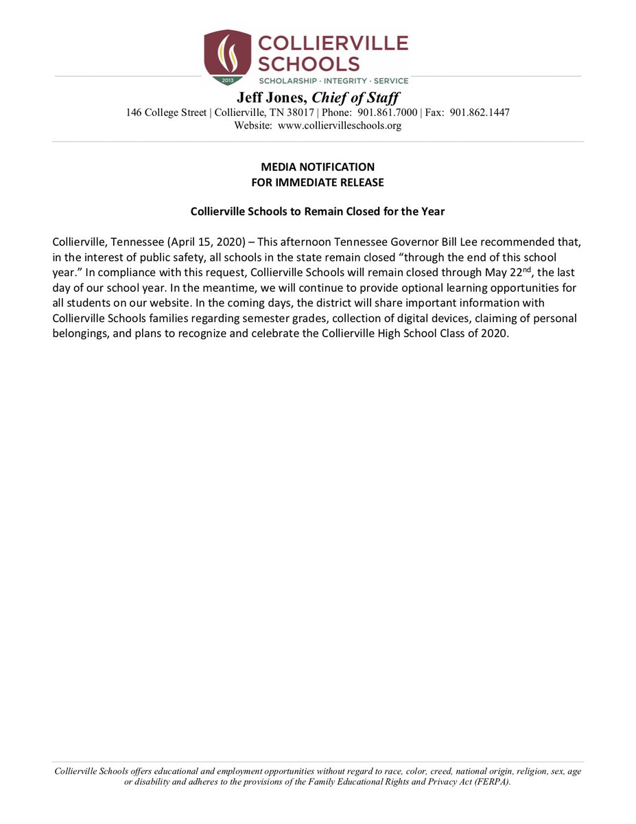 Please see the district's announcement regarding school closure for the year. Look for additional information in the coming days. Thank you for your patience and understanding. @ColliervilleGov