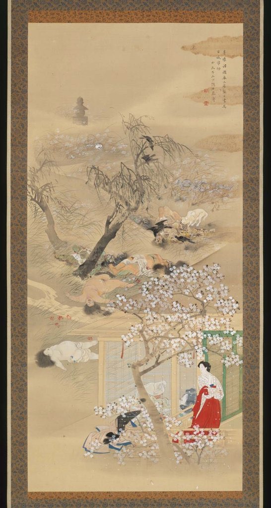 This meditative practice dates back to The Nine Charnel Ground Contemplations in The Foundations of Mindfulness Sutra, but the paintings are unique to Japan. One of my fav examples is The Inevitable Change, Kuso zu 九相図. Kikuchi Yôsai (1788–1878)