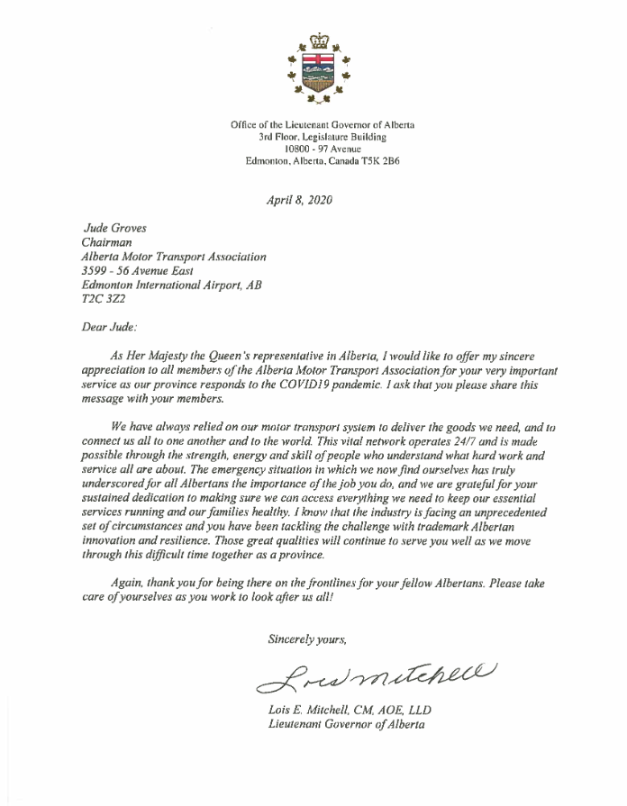 AMTA_ca's tweet photo. We are touched to have received a #ThankATrucker letter from Her Honour, The Honourable Lois E. Mitchell, Lieutenant Governor of Alberta.  Here we proudly share with the industry, and its drivers near and far. #ableg #abpoli #COVID19 #StrongerTogether https://t.co/7dEAkDzhun