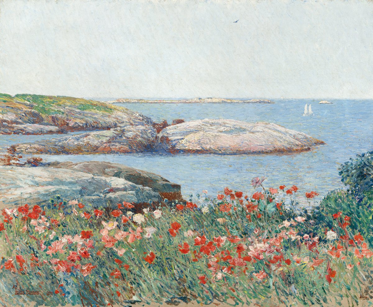 From a mountain view to an oceanside scene, we turn now to Childe Hassam’s “Poppies, Isles of Shoals.”Childe Hassam was a regular visitor to the Isles of Shoals, nine small, rocky islands off the New Hampshire and Maine coasts.