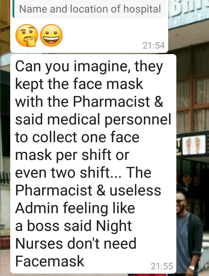 To the point that they ration facemask. 1 per shift, and on night duty, no facemask(Corona does not affect people at night I guess) @NCDCgov  @WHO  @segalink  @healthcommng  #COVID19