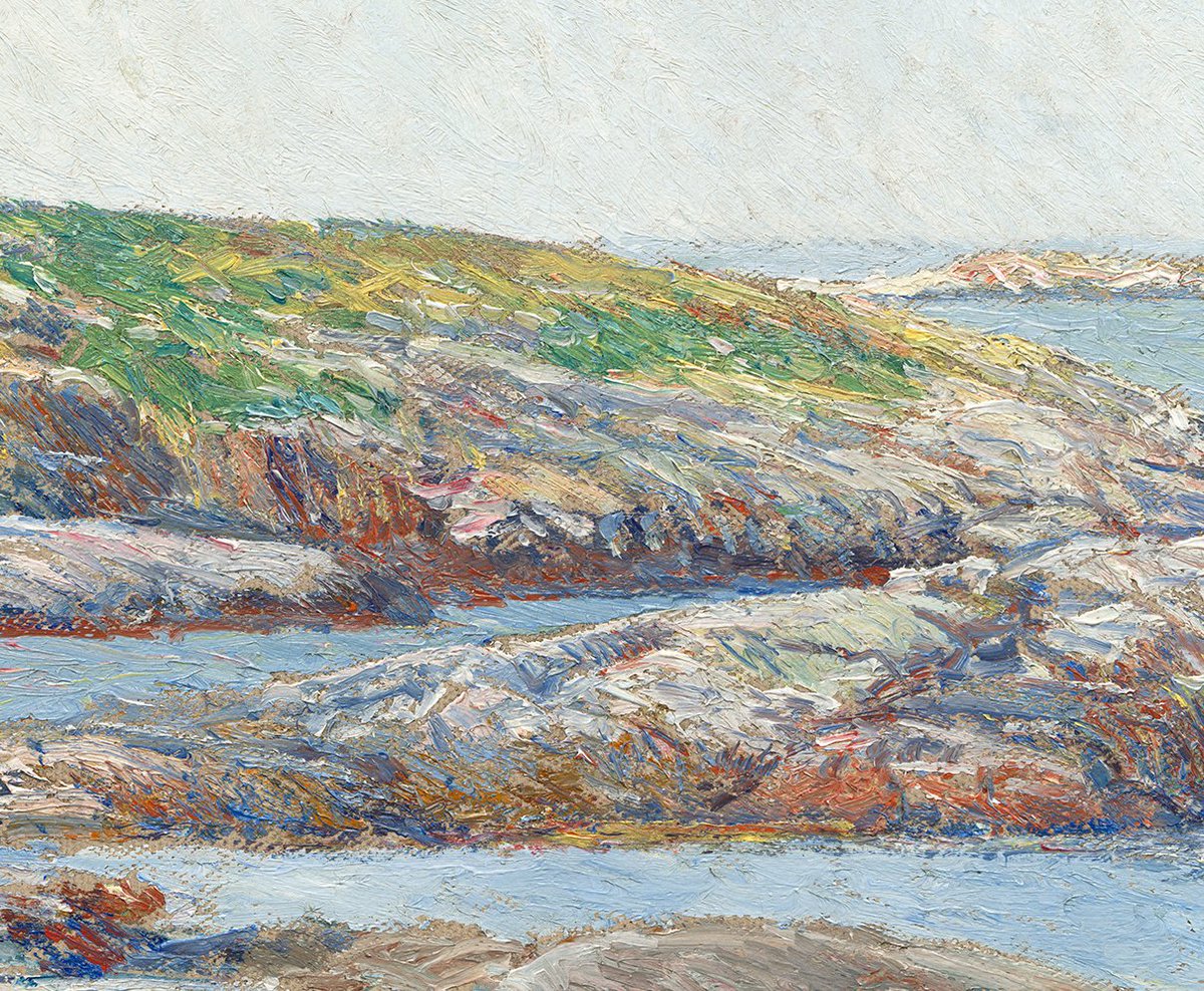 Hassam's brushwork is equally varied, ranging from lush red and white strokes defining the flowers to long drags of pigment suggesting the multihued surfaces of the rocks.