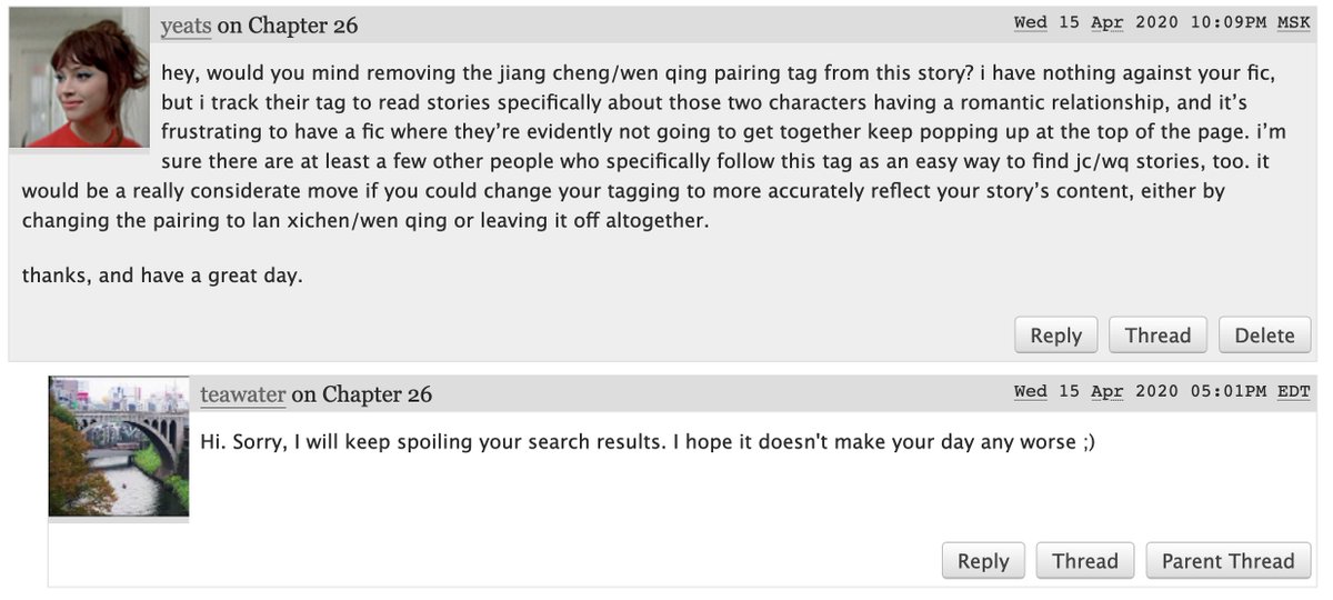 As one of the maybe fifteen people who specifically goes looking for Jiang Cheng/Wen Qing, I left the author a comment asking them to change the tag, in consideration for the few people who might feel disappointed and cheated by that. The author... clearly does not care.