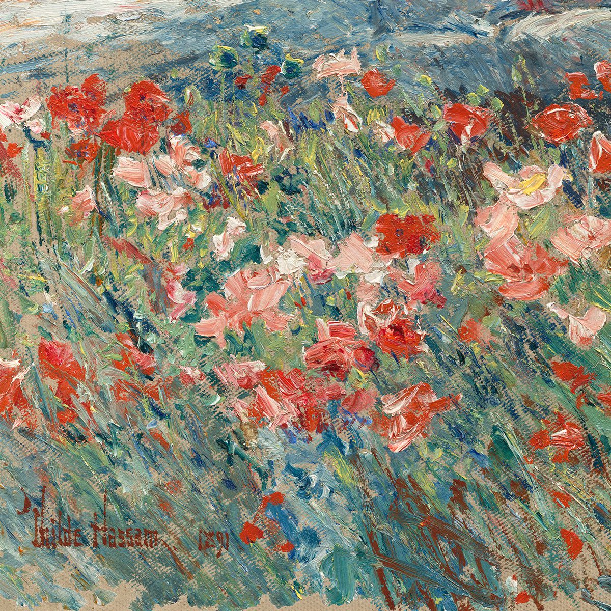 Hassam's brushwork is equally varied, ranging from lush red and white strokes defining the flowers to long drags of pigment suggesting the multihued surfaces of the rocks.