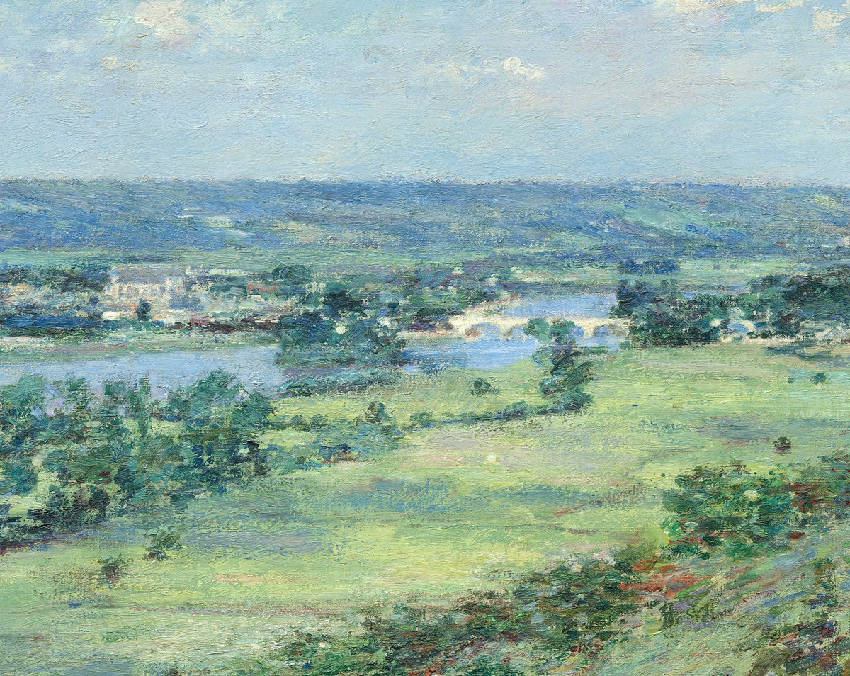 “The Valley of the Seine, from the Hills of Giverny” is one of three paintings Robinson made of this view in the summer of 1892. To capture the play of sunlight and clouds on the meadows, Robinson alternated working on the three canvases as weather conditions shifted.