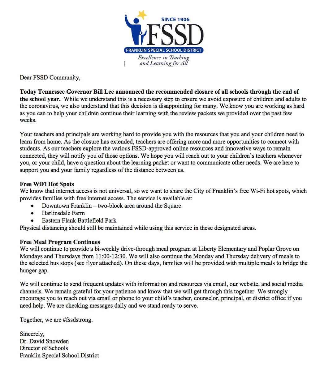 franklinspecial's tweet photo. Today @GovBillLee announced the recommended closure of all schools through the end of the school year. FSSD will honor that recommendation. Read full statement: https://t.co/RX2Gqu94Vs https://t.co/5BvFOsRUpr