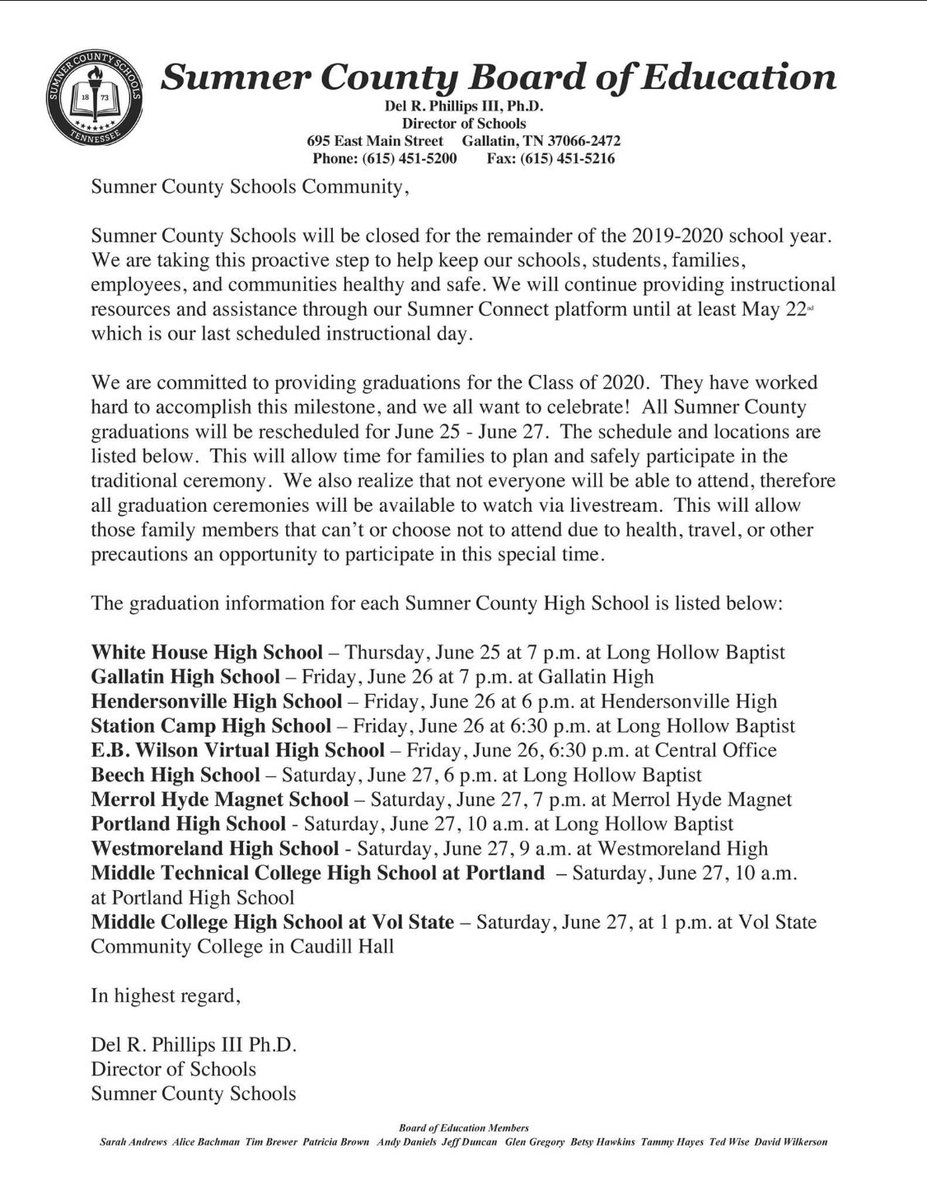 PLEASE NOTE THE CHANGE IN GRADUATION!! PHS GRADUATION WILL BE ON JUNE 27th AT LONG HOLLOW @ 10AM!
We are all so sad that our school year has ended this way, but we want to ensure our students stay safe and healthy. We love you Class of 2020 ❤️
