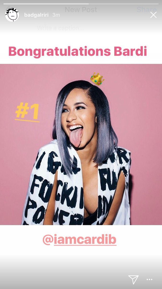September 27th, 2017: September 27th 2017: Rihanna congratulates Cardi on Bodak Yellow reaching #1.