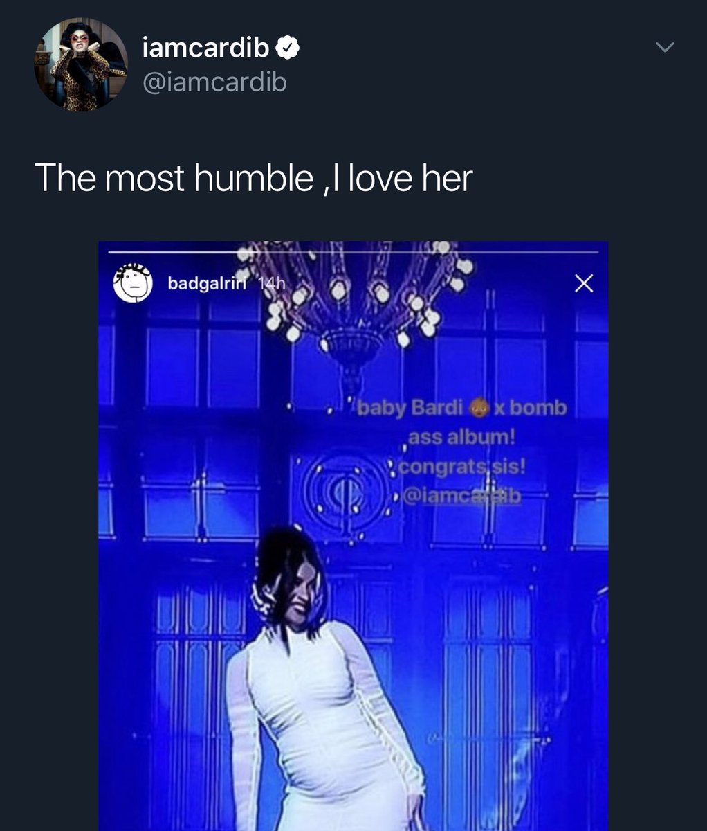 April 8th, 2018: Cardi calls Rihanna the “most humble” & says she loves her in response to Rihanna’s congratulations.