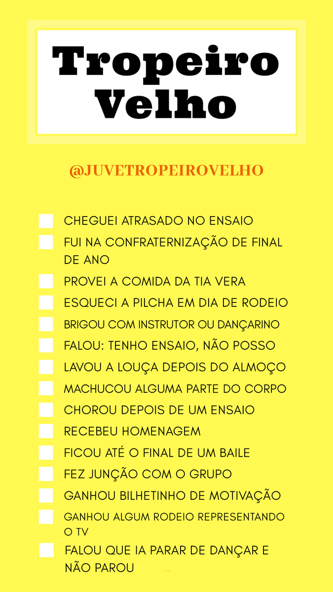 JuvenilVelho's tweet photo. Entramos na onda das brincadeiras e fizemos uma pra quem é ou já foi dançarino do Tropeiro Velho!!!
Posta no insta e marca o @juvetropeirovelho 💛💛💛 https://t.co/nz7wBT50Q9