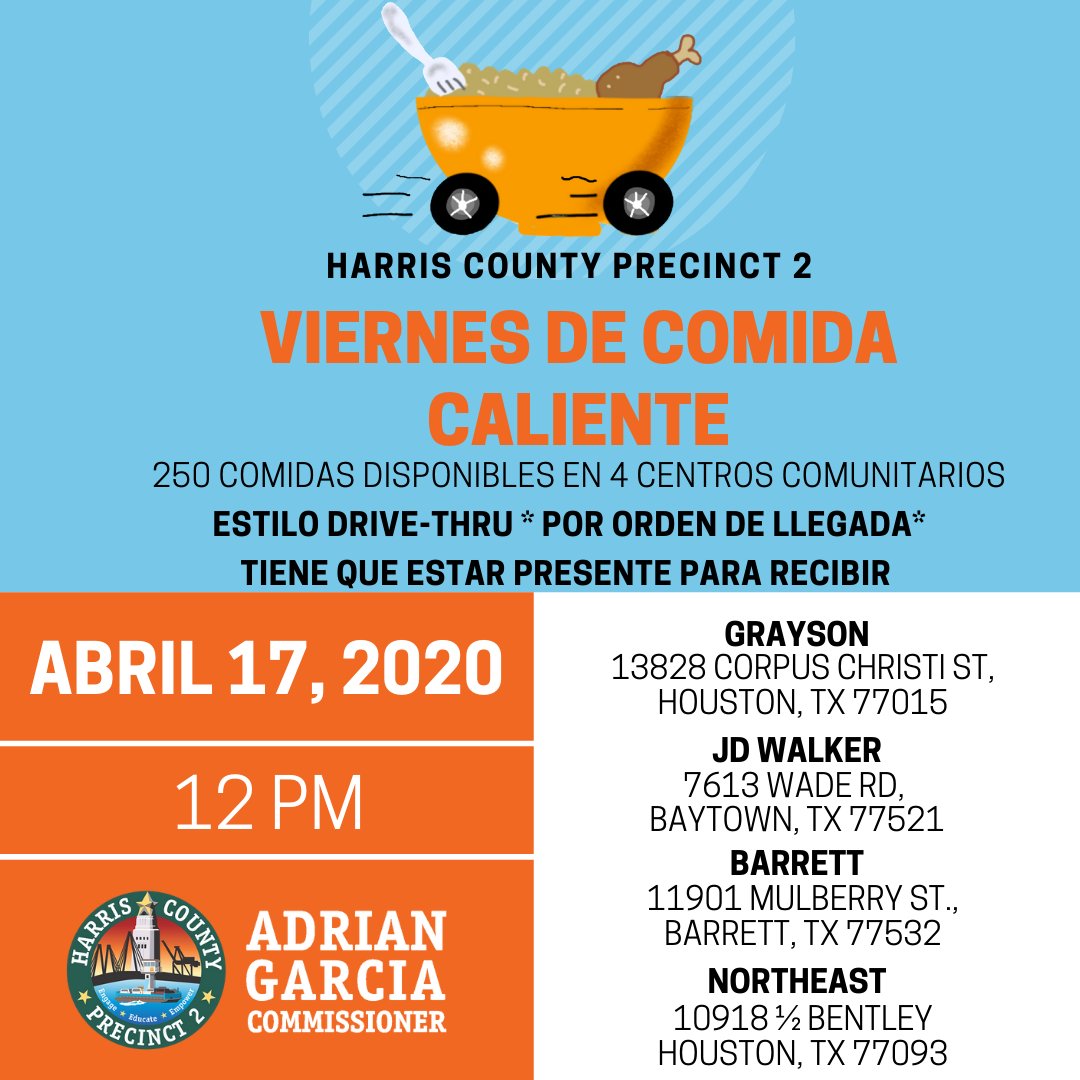 HarrisCoPct2's tweet photo. VIERNES DE COMIDA CALIENTE #Precinto2 tendrá 250 #COMIDASCALIENTES disponibles este viernes (4/17) a partir del MEDIODÍA. Le damos la bienvenida a individuos de TODAS LAS EDADES, solo pasa por uno de los 4 centros comunitarios que se muestran a continuación. ¡NO TE LO PIERDAS! https://t.co/0829W1Rk80