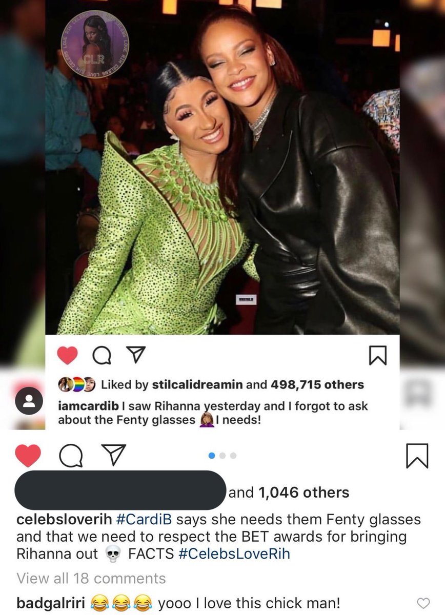 June 24th, 2019: Cardi posts a photo of her & Rihanna, says she forgot to ask her for Fenty sunglasses & Rihanna responds saying “I love this chick man!” : MediaPunch/Shutterstock(Via celebsloverih on IG)