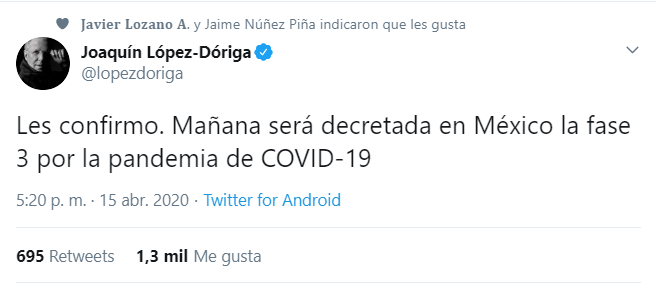TabascoHOY's tweet image. #ÚltimoMinuto 🔴
Mañana se decretaría la fase 3 de la pandemia del #coronavirus en #México, según &quot;confirmó&quot; el periodista Joaquín López-Doriga.