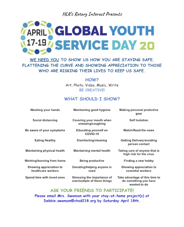Interact_HLR's tweet photo. Global Youth Service Day - Do your part!
Show us how you are staying safe, flattening the curve and showing appreciation to those who are risking their lives to keep us safe. Be creative! @YouthService @BulldogsHLR #GYSD20 https://t.co/SwsS6Pwnwd