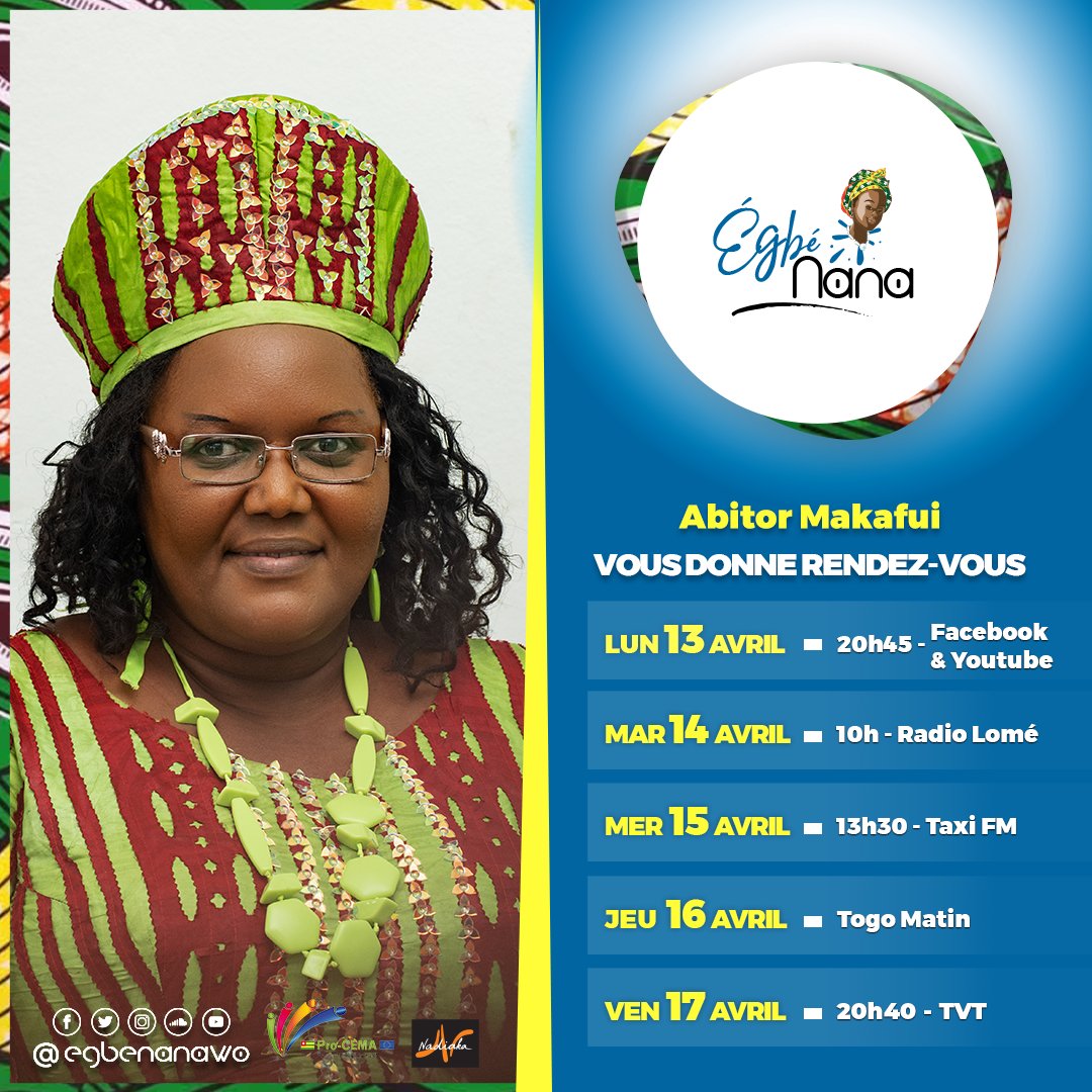Abitor Makafui vous donne rendez-vous sur notre page Facebook et ainsi que sur les autres canaux.
#Egbenana #FemmesLeaders #UEauTogo #ProCEMA