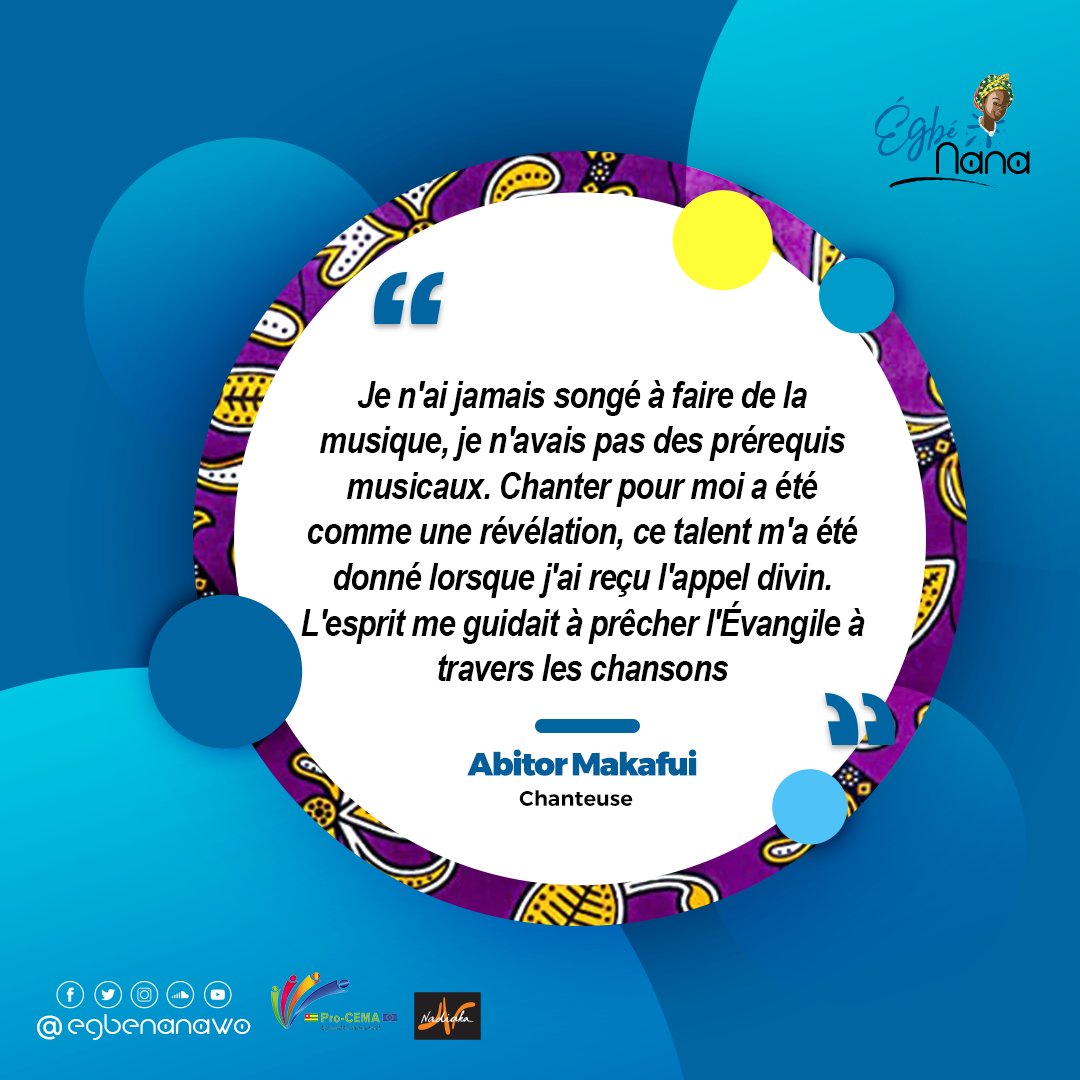 Rien ne prédestinait notre Nana de cette semaine à une carrière d’artiste de la chanson gospel, mais c'est ce qui a finit 
par être sa passion.
#Egbenana #FemmesLeaders #UEauTogo #ProCEMA