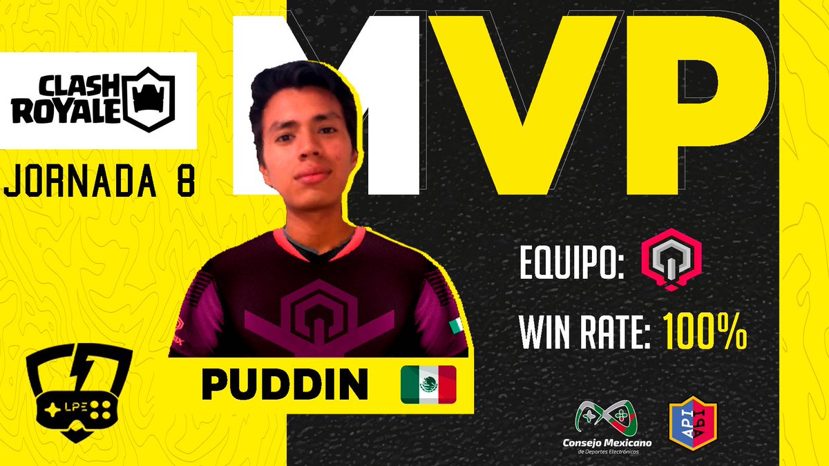 LPE_es's tweet photo. #MejoresJugadores
Te presentamos al #MVP de la Jornada 8, quién fue clave para el triunfo de su equipo y así ser el jugador destacado de la semana.
Jugador: @Puddin_CR
Mañana los esperamos con la #ExtraWeek que será clave para algunos equipos.
#ClashRoyale #LigaMexicana https://t.co/PTJcqNpRKW