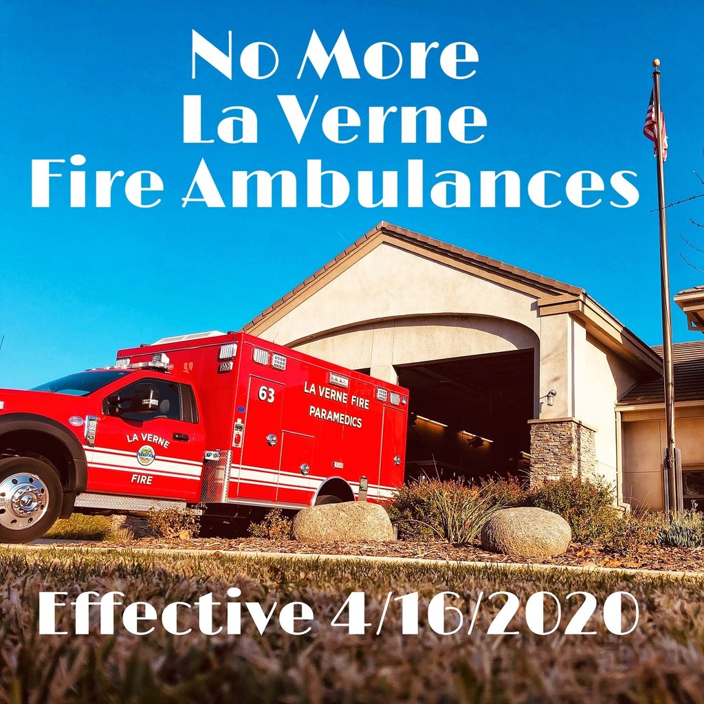 LaVerneFire's tweet photo. The City of La Verne will no longer have La Verne Fire Ambulances in the city. The LVFD’s lack of personnel coupled with the COVID-19 crisis has forced us to change our operational model. We instead will be using Care Ambulance for transportation.
@IAFFNewsDesk @CAFirefighters https://t.co/GsiontHq4N