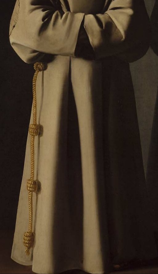 Zurbarán was a master of light and shadow (chiaroscuro) by the way he captures the flowing folds on the coarse brown texture of St. Francis' robe. The rope girdle has four knots, each representing a vow of poverty, chastity, obedience & bodily penance.