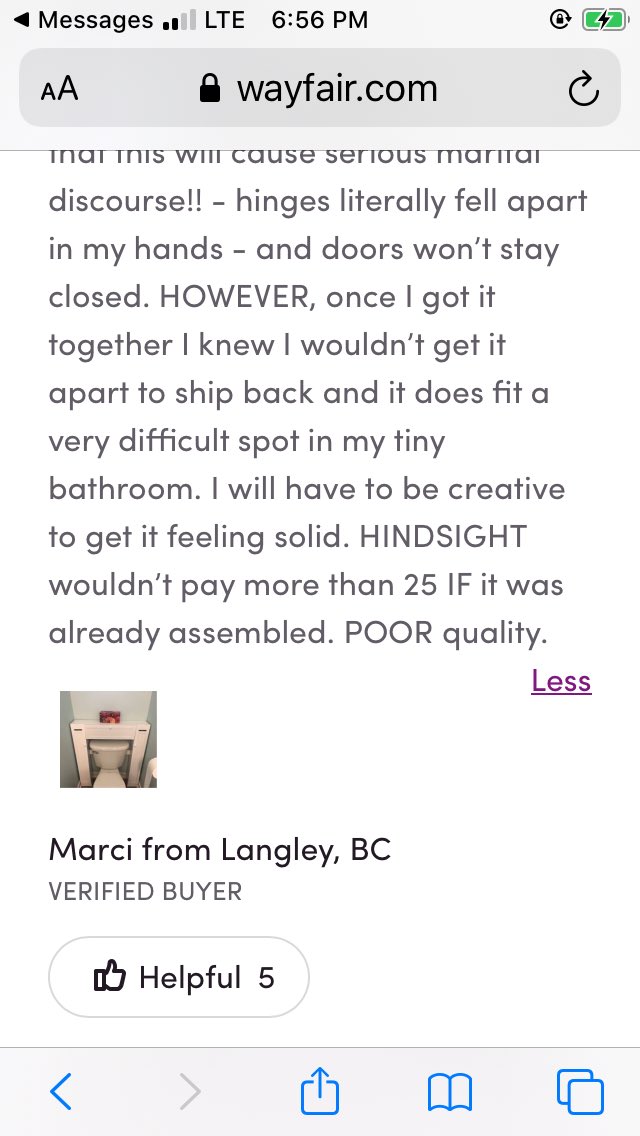 Someone who didn’t think it deserved 5 stars, and also provides the realest review, is Marci in Langley, BC (shoutout to the MVRD! ). Marci doesn’t sugar coat the inferior quality and equates assembly help as a form of marital torture. Love you Marci, you win the reviews. Fin!