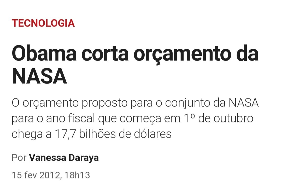 24) Com a crise financeira nos USA a Nasa até então a parceira dos Globalistas ( toda aparelhada pelo Deep State) teve cortes imensos de investimento do Gov Obama em 2012 e foi atrás de parceiros na iniciativa privada. https://exame.abril.com.br/tecnologi... class= 24) Com a crise financeira nos USA a Nasa até então a parceira dos Globalistas ( toda aparelhada pelo Deep State) teve cortes imensos de investimento do Gov Obama em 2012 e foi atrás de parceiros na iniciativa privada. https://exame.abril.com.br/tecnologi... class=
