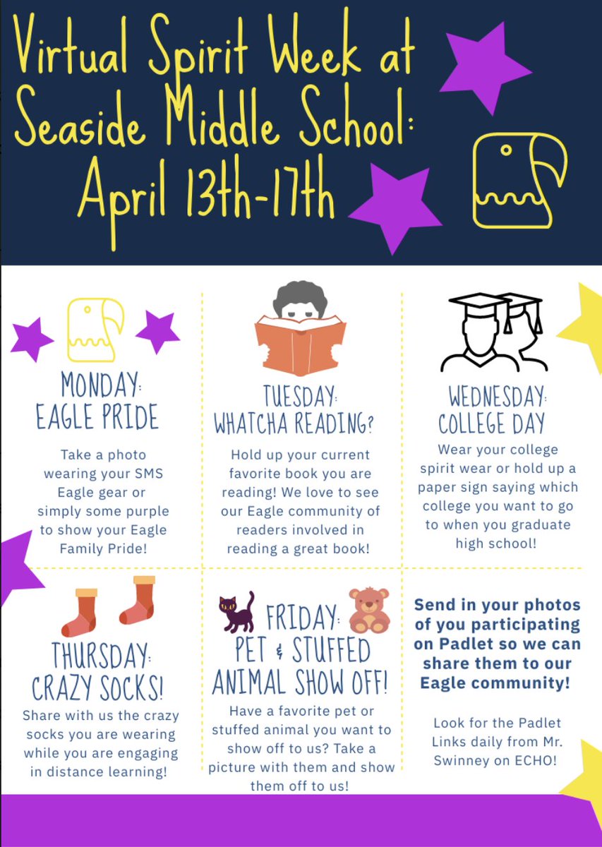 SeasideMiddle's tweet photo. Virtual Spirit Week - Day 3 #CollegeDay

Today, Eagles posted pictures of college gear and logos as a way to share their higher education goals. Dream big, Eagles... we believe in you and your potential!
#TogetherWeRise @mpusd_now @City_of_Seaside https://t.co/J0Etm4NkmK