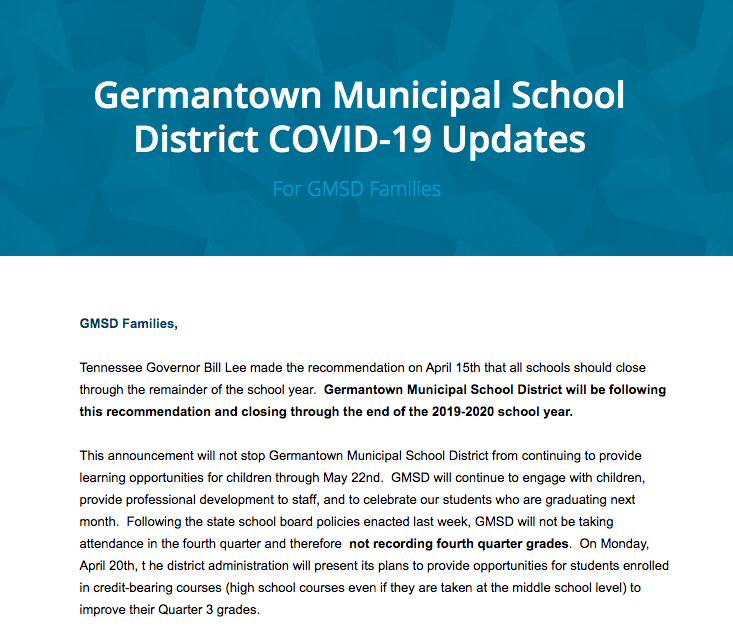 Germantown Municipal Schools will be following the Governor's recommendation and closing through the end of the 2019-2020 school year. Read more updates about the upcoming school board meeting and Q3 grades here: gmsdk12.org/ParentFamilyFA…
