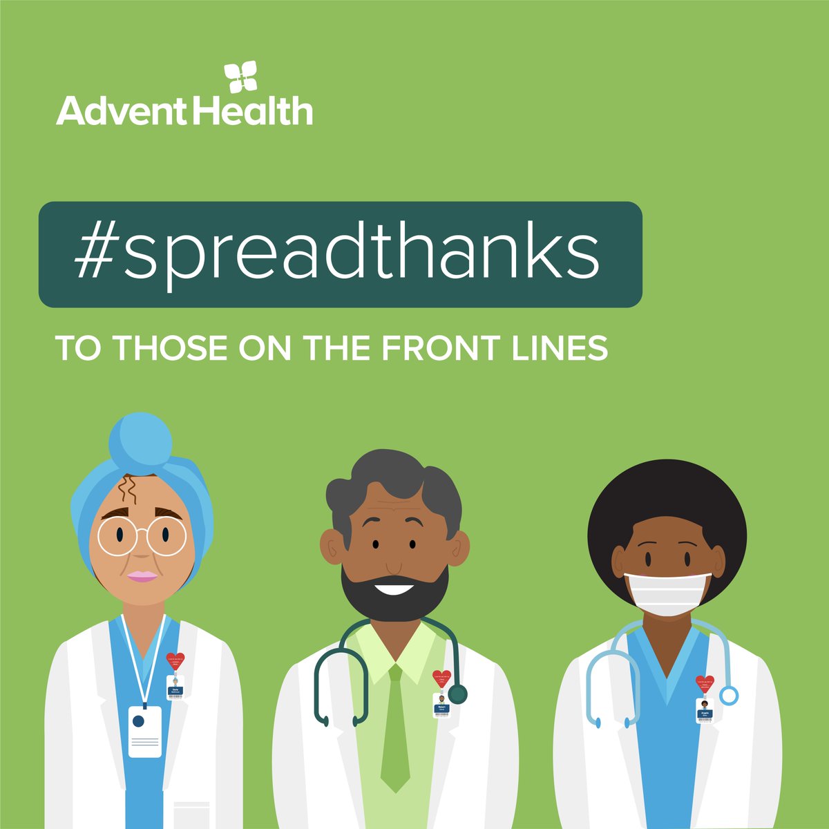 AdventHealth's tweet photo. To everyone working on the front lines, we see you and want to #spreadthanks. Visit https://t.co/1yy66DuV6x to send care teams thank you notes and kind words. https://t.co/BHWIlPEI3V
